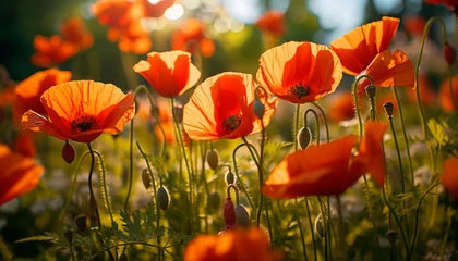 Foto auf Glas poppy field in sunlight. poppy flowers closeup background. © Juli Puli