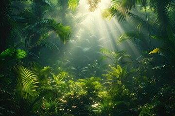 lush, dense jungle scene with rays of sunlight piercing through the canopy, exotic plants and wildlife
