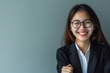 Copy space of a young entrepreneurial businesswoman, on a blue and gray background, cheerful Asian worker with glasses and suit, successful and satisfied in her profession