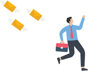 Businessman runs away from an email with notification, Running away and escaping overwork, inbox or digital overload, Workload and urgent messages concept,
