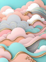 theme of abstract, pastel-colored wave and cloud formations with a three-dimensional, digital art style
