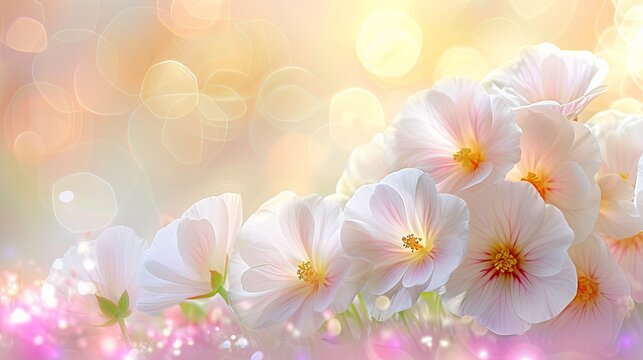 Close-up of blooming abutilon, hibiscus, mallow or geranium flowers in the corner of the page. Natural background. Illustration for cover, card, postcard, interior design, decor, invitations or print.