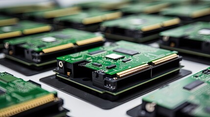 Electronic circuit board or scheme close up. The modern printed-circuit board with electronic components. Abstract technology background.  Illustration for banner, cover, brochure or presentation.