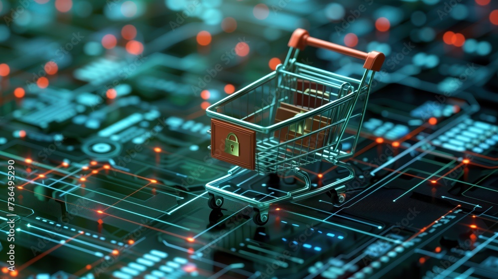 Poster high-resolution display of an online shopping cart on a desktop, secure payment page with a 3d padlo