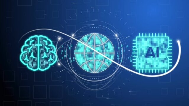 Cg footage about the interaction between humans and ai. On a background there are diagrams a human brain and an ai chip between which the digits of the binary code move and the globe is located. Tom 2