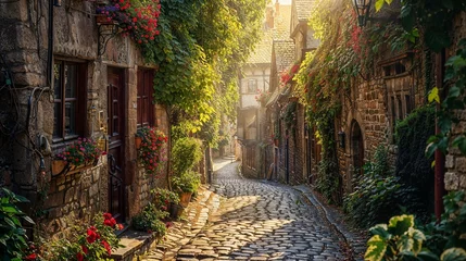 Foto op Plexiglas A beautiful fantasy matte painting of an alley in a Tolkien-like village.  © Marco