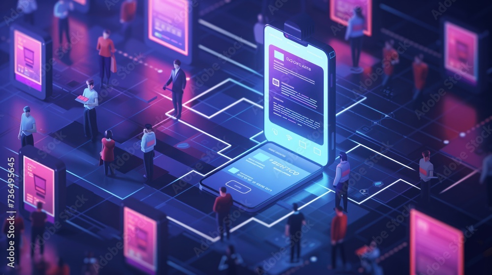 Poster futuristic portrayal of an e-commerce checkout process on a mobile device