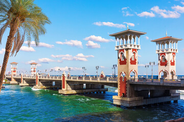 Stanley Bridge over the sea, an iconic landmark of Alexandria city in Egypt