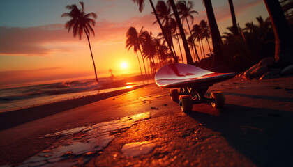 skateboard against the background of palm trees at sunset. active lifestyle in summer.