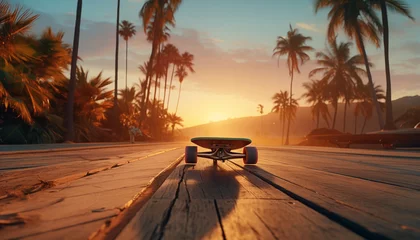 Tischdecke skateboard against the background of palm trees at sunset. active lifestyle in summer. © Juli Puli