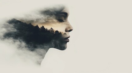 Double exposure combines face and forest. The concept of the unity of nature and man. The vitality of the human soul in nature illustration. Illustration for cover, card, interior design, poster, etc