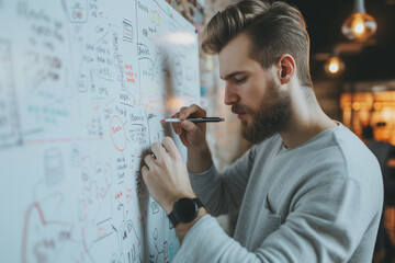 Young entrepreneur writing on a board with notes and sticky notes, hipster in a business office creating notes and calculations on a white work board with copy space