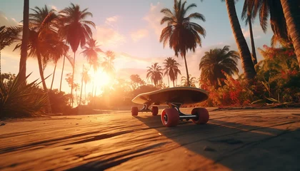 Zelfklevend Fotobehang skateboard against the background of palm trees at sunset. active lifestyle in summer. © Juli Puli