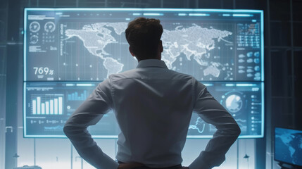 The photo captures a person from behind looking at a complex array of digital screens with various data and graphs in a high-tech control room environment.