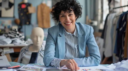 A smiling woman with curly hair, wearing a blue blazer and striped shirt, working in a fashion design studio with a mannequin and clothing in the background.