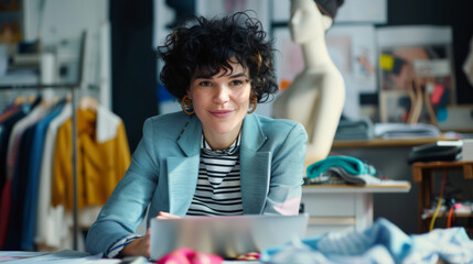 A smiling woman with curly hair, wearing a blue blazer and striped shirt, working in a fashion design studio with a mannequin and clothing in the background.