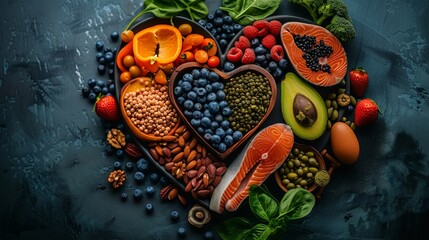 A colorful display of fresh fruits and vegetables arranged in a heart shape, symbolizing healthy...