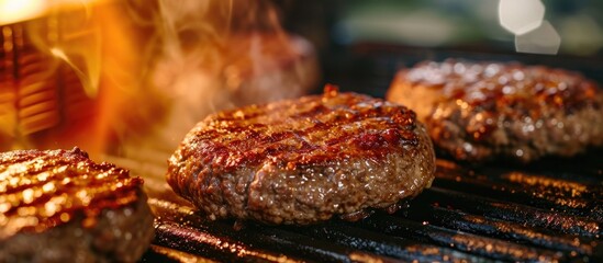 Traditional burger grilling a thick juicy minced beef patty on a griddle.