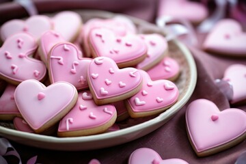 Sweet Pink colorful heart cookies. Sugar sweet dessert romantic pastry. Generate Ai