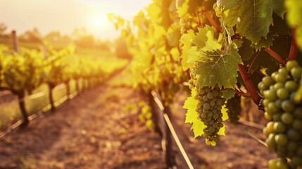 White grape clusters on vines ready for harvesting - obrazy, fototapety, plakaty