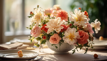 table setting with flowers. table setting for a wedding, birthday, holiday. floral background.