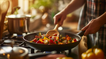 A person is cooking a stir fry with colorful vegetables in a wok on a stove, using a wooden spatula.