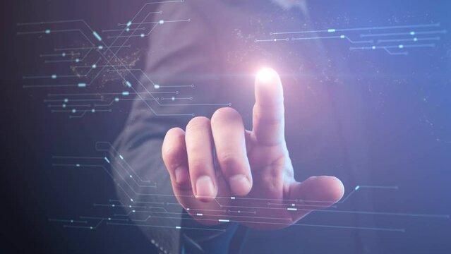 Cg footage. Against the background of a silhouette of a businessman with a light dot on the finger is a symbol of the computer network and information and database security symbols