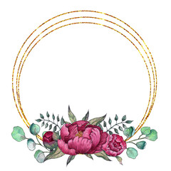 Gold frame with peony isolated on white background. Hand drawn watercolor botanical illustration. Art for design