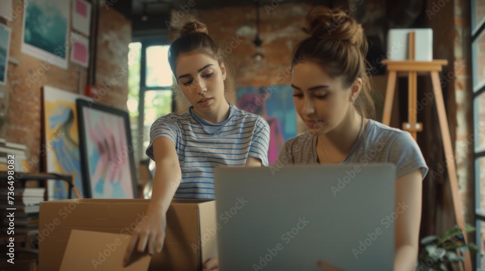 Poster two individuals are engaged in a collaborative task, looking at a computer screen with one holding a