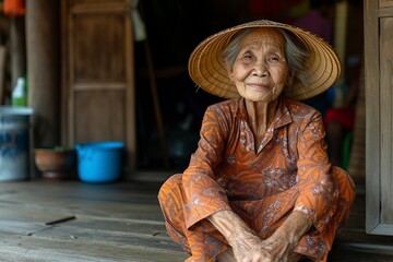 Obraz premium Asian or Indonesian woman with wrinkles wearing sun hat