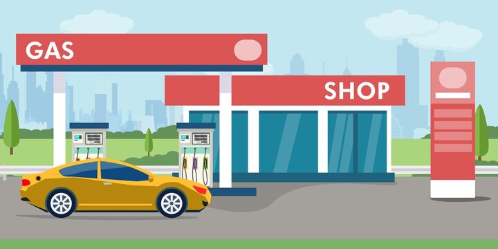 distributore di benzina, supermercato , shop e auto rifornimento - illustrazioni