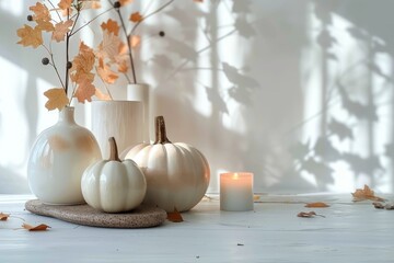 A serene still life of a minimalistic white vase and flickering candle set against a stark white background, accented by a vibrant pumpkin and squash, with a delicate flower and lush plant adding a t