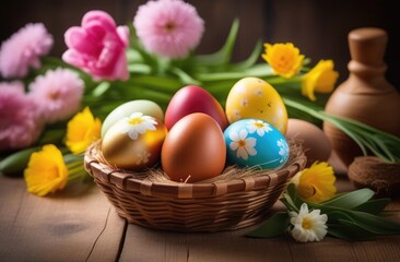 Fototapeta na wymiar Easter, colorful painted eggs decorated with ornaments and patterns, eggs in a wicker basket, spring flowers, wooden background