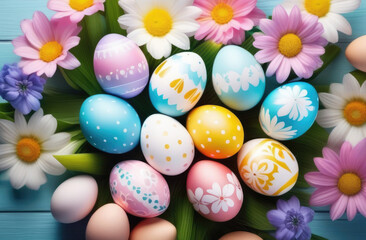 Easter, lots of colorful painted eggs, delicate pastel shades, patterns and ornaments, spring flowers, top view, blue wooden background