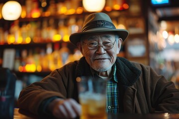 old asian man sitting in a bar drinking whiskey
