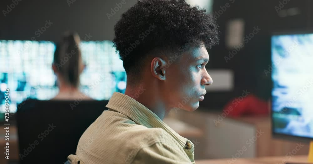 Leinwandbilder Man, writing or software engineer with coding in office or working in information technology. Developer, reading and typing on keyboard by computer screen, reflection and programming at night by desk