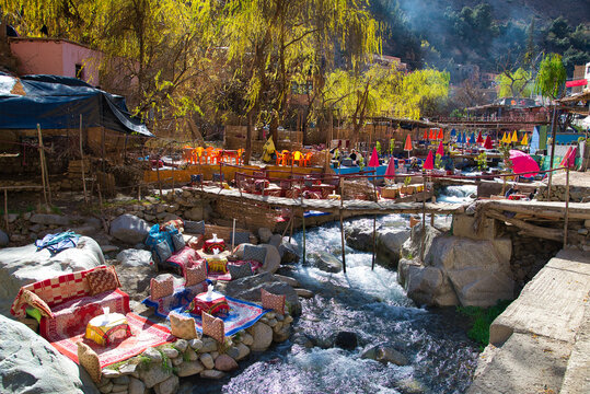 Restaurants with tables in Setti Fatma, also knows as Sti Fadma, Ourika Valley, Morocco, North Africa