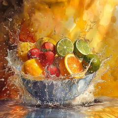 Vivacious Splash: Dynamic Fruit Medley with Water Droplets