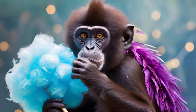 baby, affe, isst, zuckerwatte, fever, kost&uuml;m, canrival, feier, karte, gestalten, surreal, bizarre, blau, lila, konzept, copy space, komisch, spa&szlig;, pastell, s&uuml;ss, essen, neu, modern, flyer, 