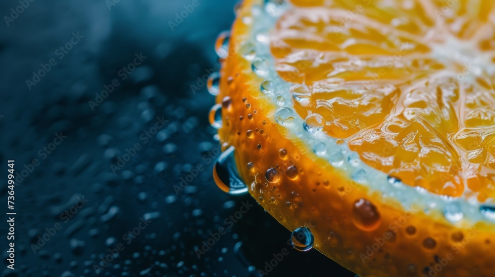 Poster refreshing orange slice close-up - a macro shot of a juicy orange segment with water droplets reflec