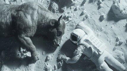 Astronaut Encounters Space Bull - A surreal depiction of an astronaut face to face with a bull on an asteroid