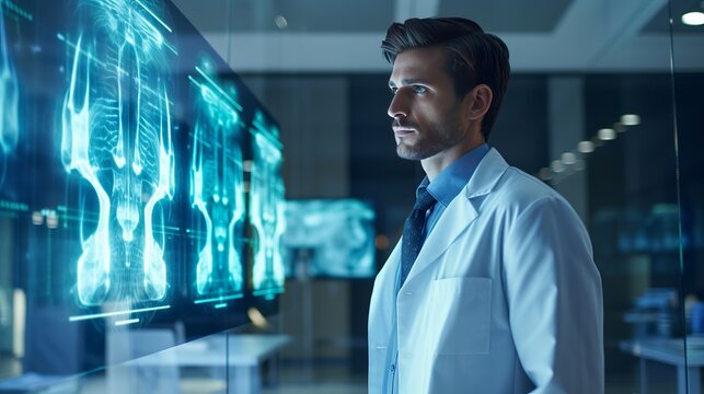 A young doctor in his 30s wearing medical attire looking at X-ray reports on a modern digital screen in a high tech futuristic laboratory 