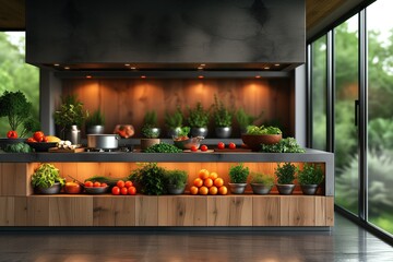 modern kitchen with various plants vegetables and fruits