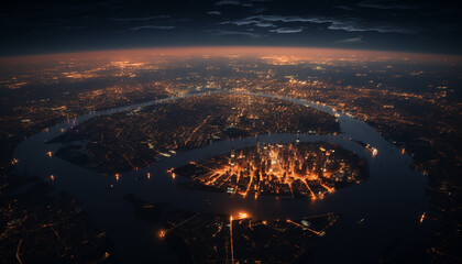 view of the city at night from an airplane window. 