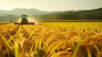 Fototapeta premium Golden Harvest Time in Fields - A harvester working through golden rice fields at sunset