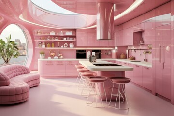 Pink kitchen modern. Decor wall. Generate Ai