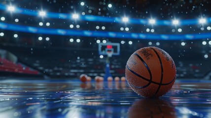 Close-up of a basketball on a glossy court floor with arena lights reflecting beautifully.