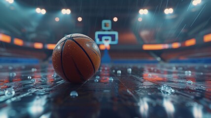 Obraz premium Wet Basketball on Indoor Court with Hoop - Close-up of a wet basketball on a shiny court floor, with the hoop in the background under arena lights.