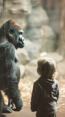 A small child learns about animals, a child looks at a gorilla through the glass at the zoo