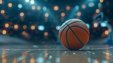 Obraz premium Basketball on Glossy Court with Bokeh Light Effects - A basketball sits on a reflective court with a captivating bokeh light effect from the arena's ceiling.